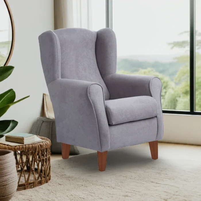 Sillon orejero individual gris ideal para comedor salon o geriatrico Butaca con patas de 15cm en madera color cerezo Medidas 100cm x 74cm edited 1
